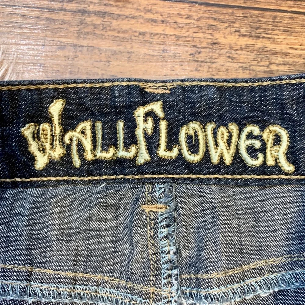 Wallflower Denim Mini Skirt Size 1 Dark Wash Rhinestone Waistband Jean Skirt